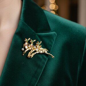 VINTAGE AAI Reindeer Brooch Pin | Trio of Leaping Deer | Gold Tone Faux Pearl